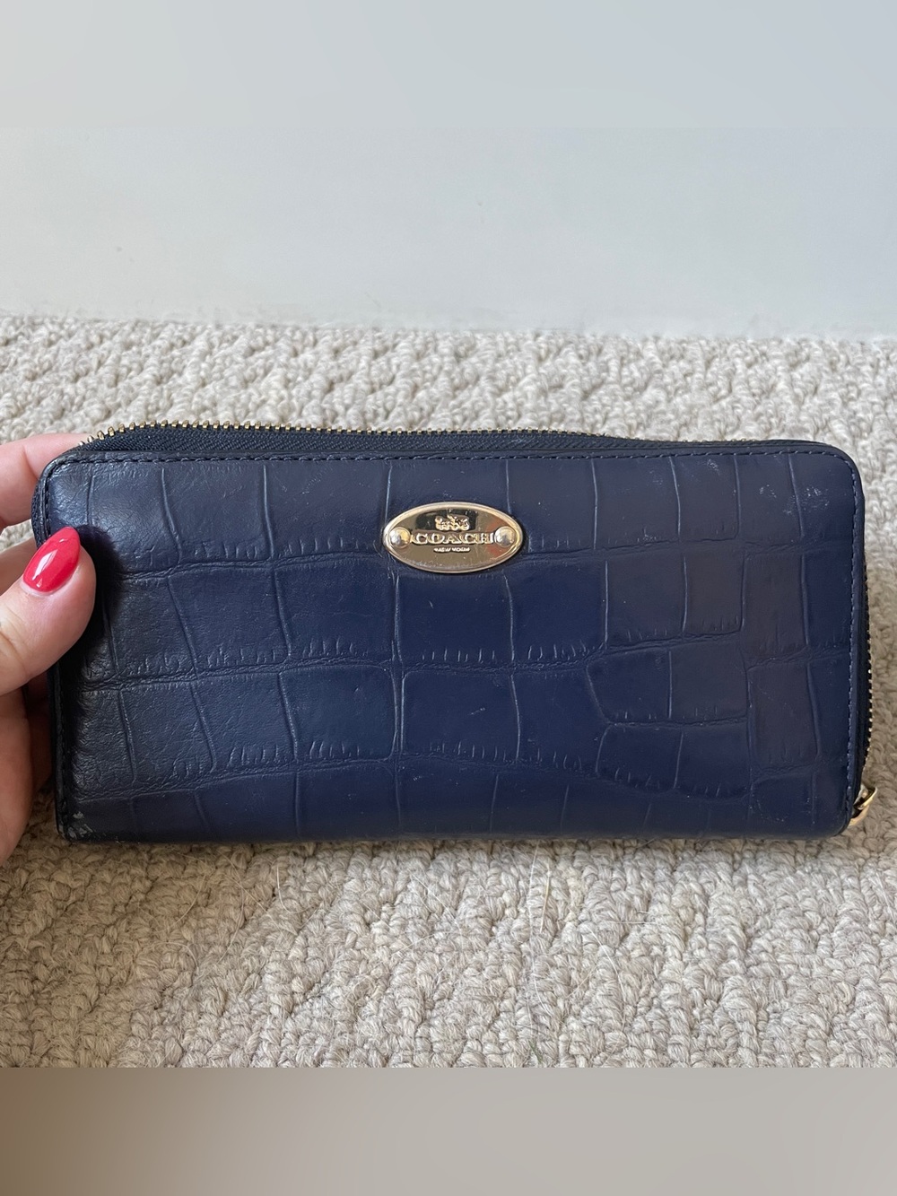Coach Croc-Embossed Leather Accordion Zip Wallet – Midnight Blue